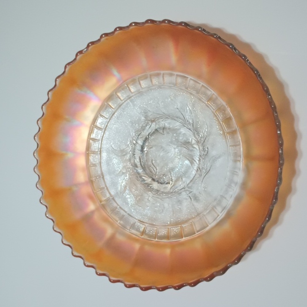 VTG Dugan Windflower Marigold Carnival Glass Round Scallop Edge Bowl